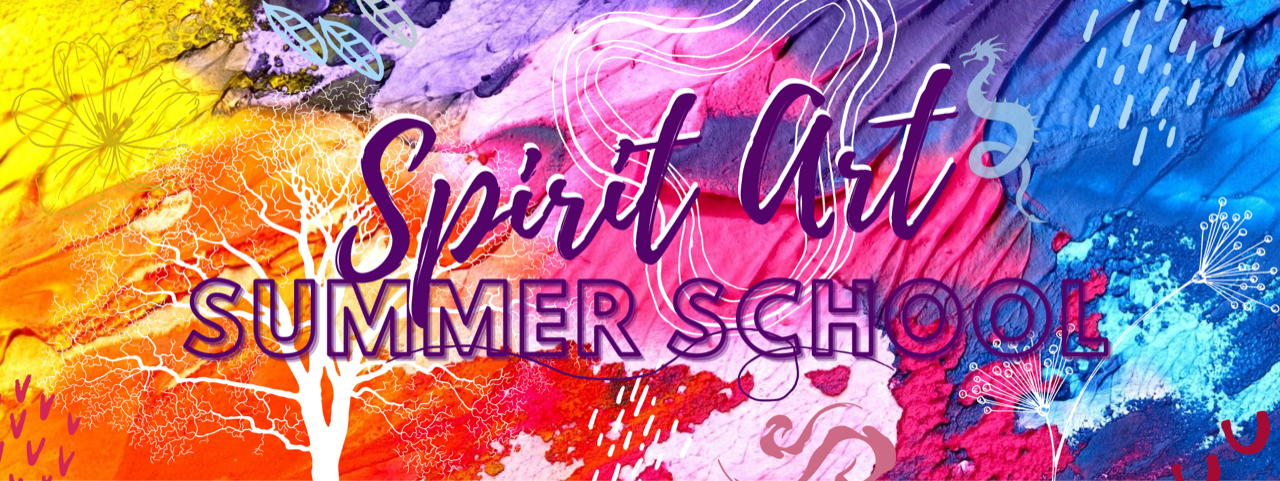 spirit art summer school graphically written over a splash of rainbow color