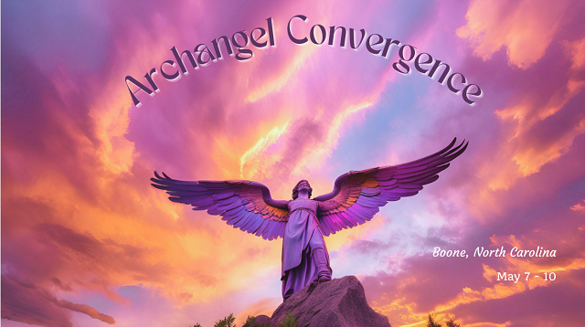 Archangel Michael looking up at the words, Archangel Convergence, in a dawning sky