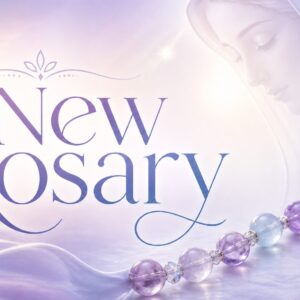 soft hues of purle and blue, Mother Mary in the background and a rosary with the words New Rosary